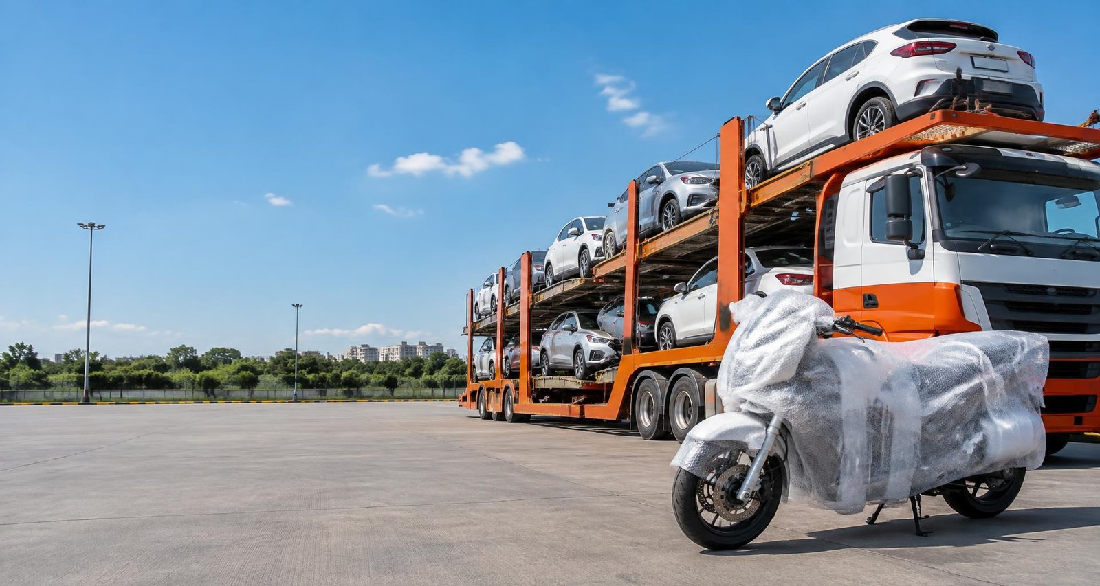 Car carrier truck transporting vehicles beside a professionally packed motorcycle