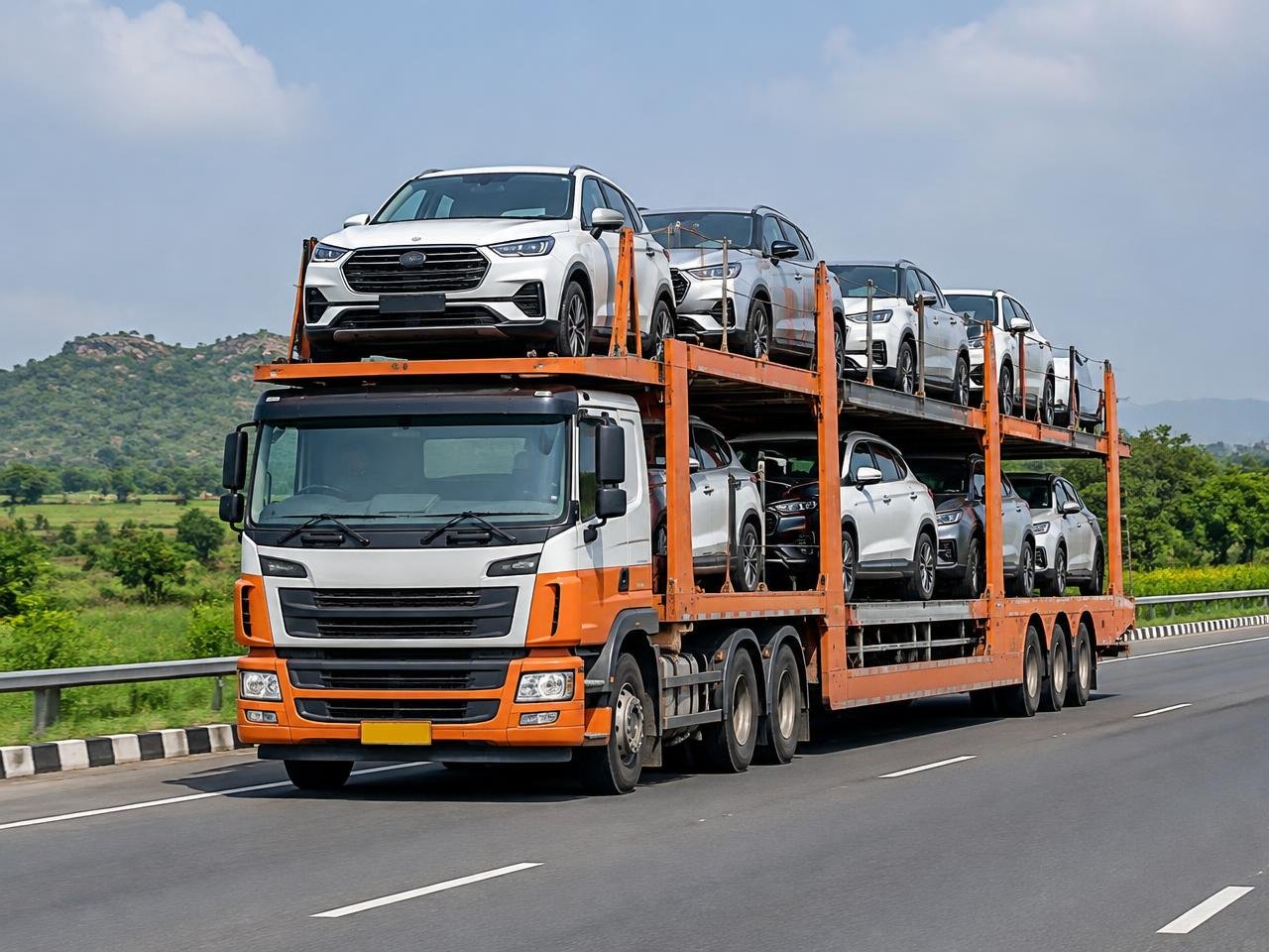 Loaded car carrier travelling on an interstate highway