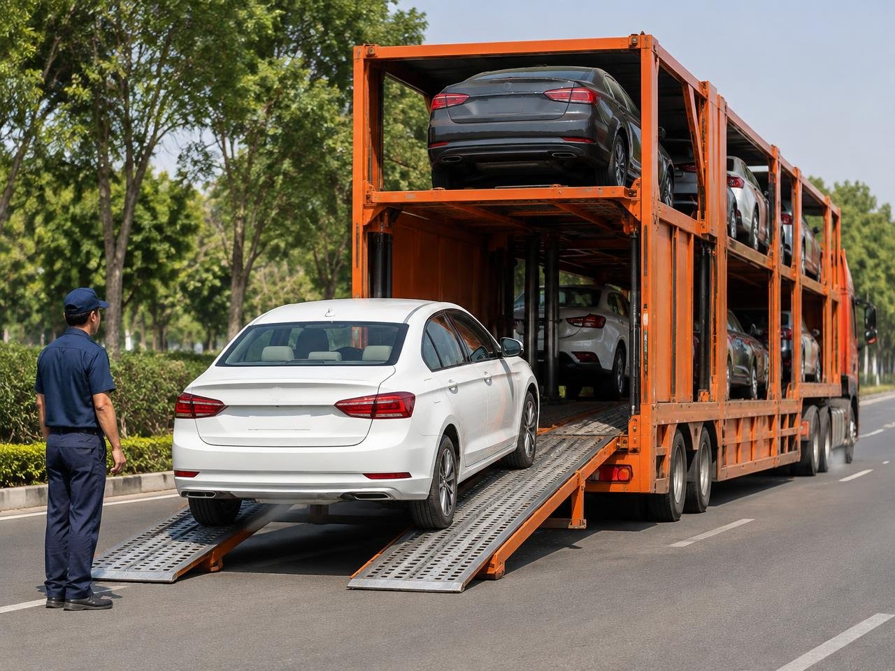 Car carefully loaded onto a vehicle carrier